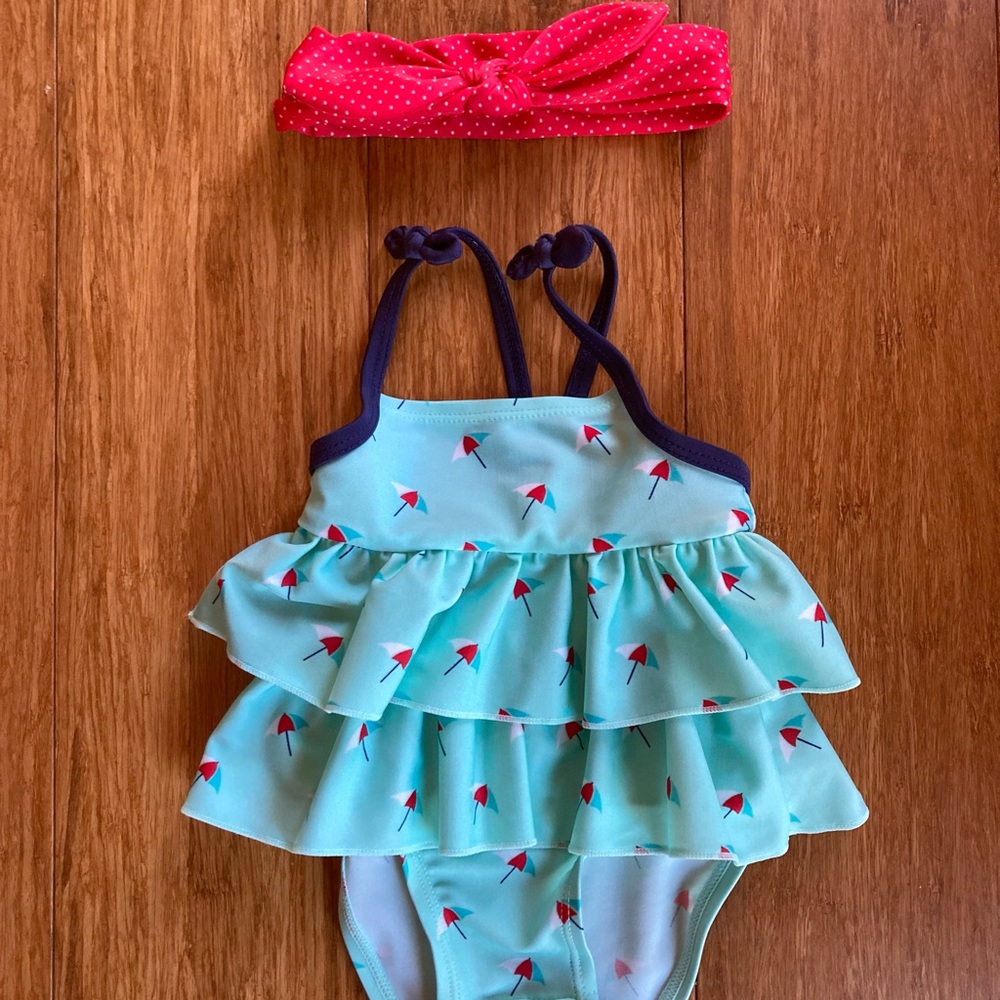Cat & Jack Target baby girl infant swimsuit with headband set 3-6m months
